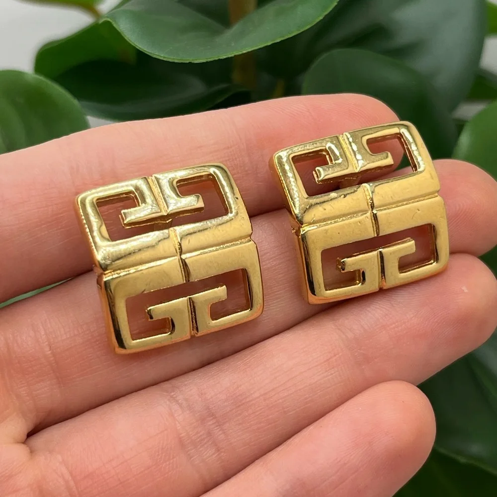 Vintage Givenchy G Logo Gold Tone Stud Earrings - Picture 4 of 9